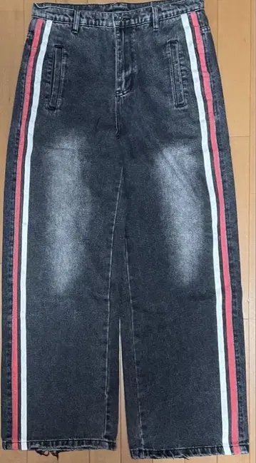 와이드 레그 데님 사이드 스트라이프 빨간색 화이트