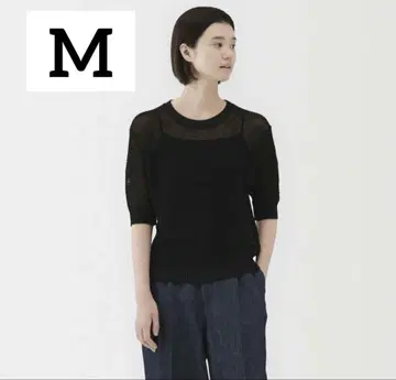 무인양품 헴프 혼방 메쉬 오분 소매 스웨터 M 블랙 블랙 새상품 니트