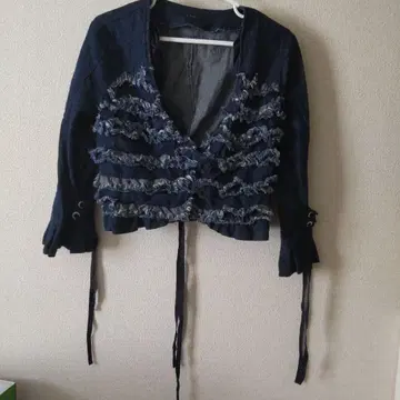 데님 프릴 노카라 자켓 네이비