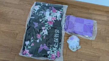 블랙 플라워 무늬 유카타, 고양이 패턴 오비, 오비 고정 띠 세트