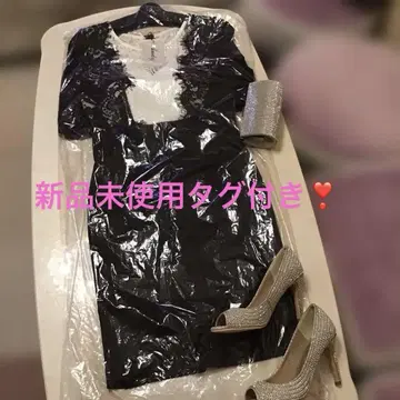 택 포함 미사용 새상품 Andy 블랙 화이트 레이스 배색 드레스