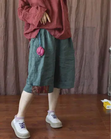 패치워크 린넨 버뮤다 팬츠 여성용 루즈핏