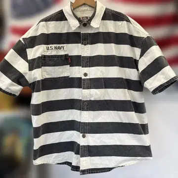 구제 의류 OVERALLS 스트라이프 반팔 셔츠 U.S. NAVY