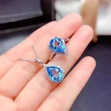 천연 스위스 블루 토파즈 실버 목걸이 & 반지