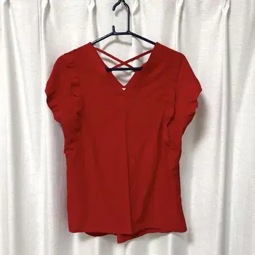 V넥 프릴 소매 반팔 탑 레드