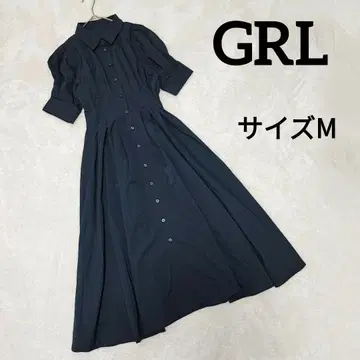 GRL 그레일 네이비 반팔 백 레이스업 턱 셔츠 원피스