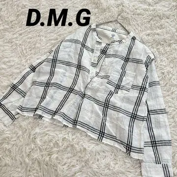 D.M.G 도밍고 체크 무늬 긴팔 셔츠 린넨 100% 노카라 M 화이트