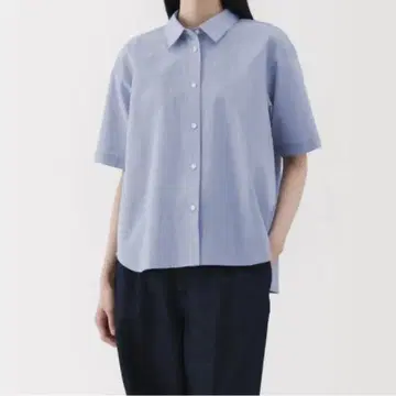 MUJI 새상품급 냉감 레귤러 카라 반팔 셔츠 블루 스트라이프 L
