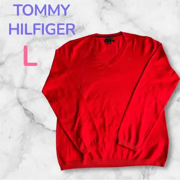 TOMMY HILFIGER 레드 레드 V넥 스웨터 L 여성용