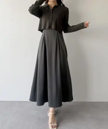 mipiarl 숏 폴로 가디건 + 슬리브리스 플레어 원피스 set M