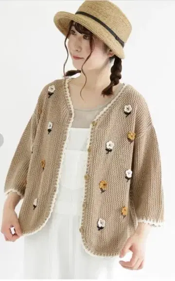 사만사 모스모스 크로셰 뜨개질 꽃 자수 7부 소매 가디건