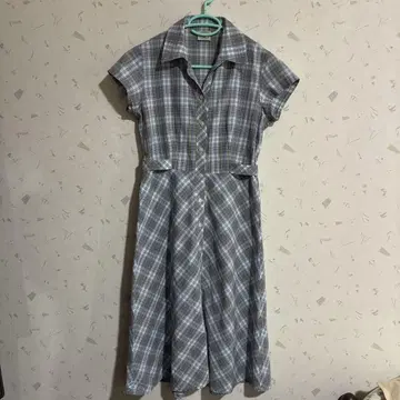 로라 애슐리 체크 셔츠 반팔 원피스 파랑