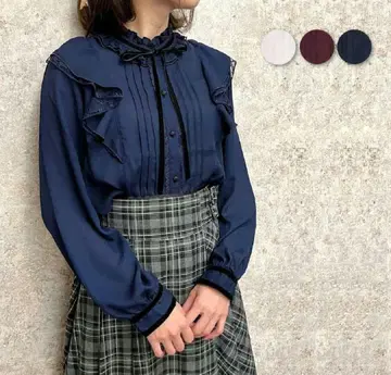 axes femme 벨로아 리본 프릴 블라우스 네이비 L 사이즈