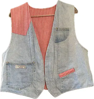 GUESS JEANS 데님 베스트 빨간색 스트라이프 x 스카이블루