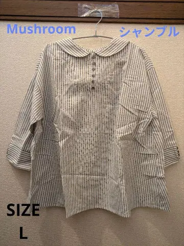 Mushroom 샹브르 세일러 카라 스트라이프 7부 소매 블라우스 셔츠