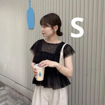튤 프릴 프렌치 슬리브 상의 hinari