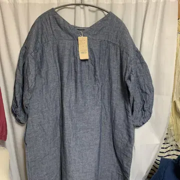 벌룬 슬리브 셔츠 원피스 바지 블루 계열 더블 거즈 면 린넨
