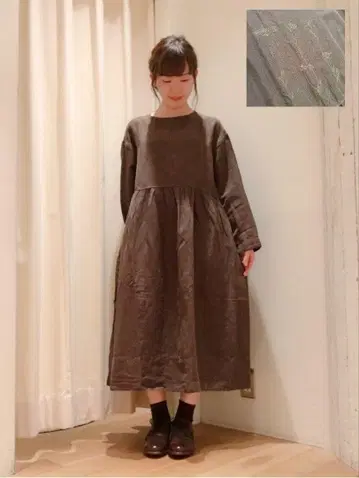 츠하루바이 사만사 모스모스 꽃 자수 절개 원피스 브라운 린넨 F