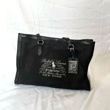 랄프 로렌 토트 백 캔버스 가죽 블랙