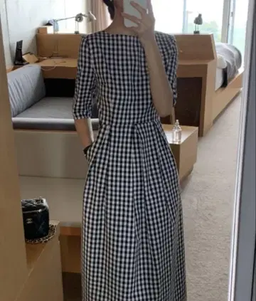 5부 소매 깅엄 체크 턱 원피스