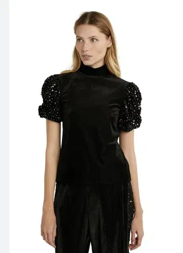 Desigual 블랙 퍼프 슬리브 하이넥 상의