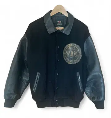 새상품급 레어 VAN JACKET 바시티 자켓 소매 가죽 아치 로고 블랙