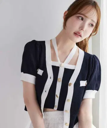 배색 홀터넥 라메 뷔스티에