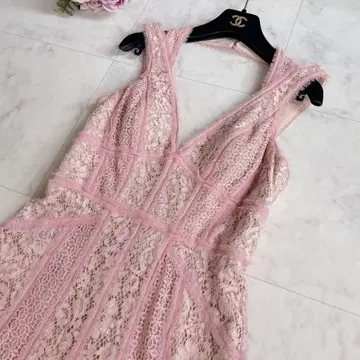 BCBGMAXAZRIA 롱 드레스 원피스 플레어 총 자수 핑크 0