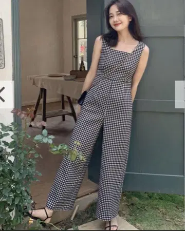 깅엄 체크 백리본 올인원