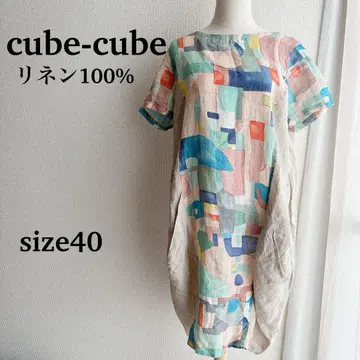 cube-cube 린넨 100% 기하학 패턴 튜닉 원피스 40