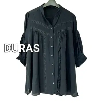DURAS 셔링 퍼프 슬리브 자수 레이스 블라우스 셔츠 블랙
