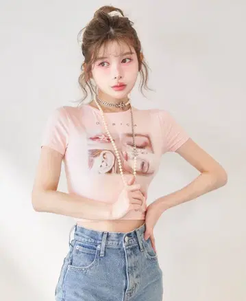 레이디 포토 컴팩트 T셔츠 & 세미 플레어 데님 팬츠 (세트)