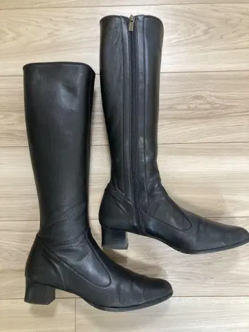 긴자 요시노야: 블랙 가죽 롱 부츠 24.5cm 힐 3.5cm