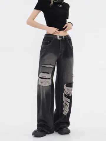 지저인 온라인 데미지 데님 팬츠 다크 그레이 와이드 레그