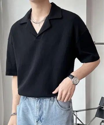 오픈 카라 셔츠 와플 피케 셔츠 블랙