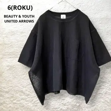 ROKU 숏 와이드 니트 풀오버 린넨 혼방 크루넥 블랙 비침
