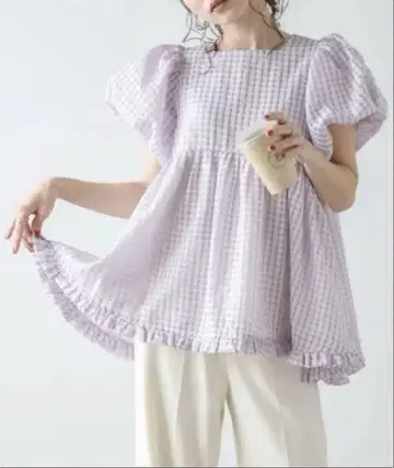 푹신한 소매 깅엄 체크 상의