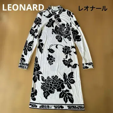 LEONARD 레오나르 화이트 블랙 플라워 프린트 원피스 38