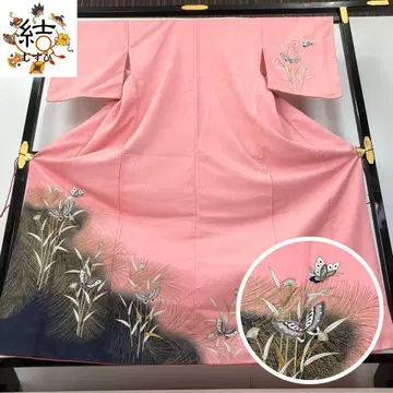 MK-1421 후리사게 워셔블 기모노 꽃과 나비 금색 염색