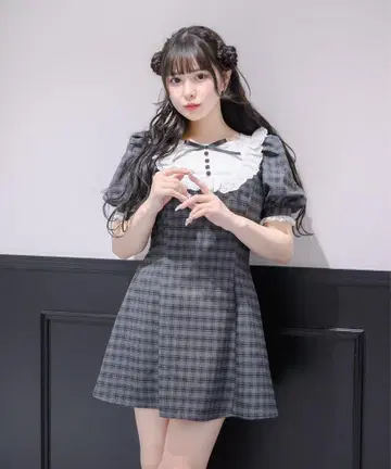 pium 코튼 레이스 도리 카페 원피스 다크 체크