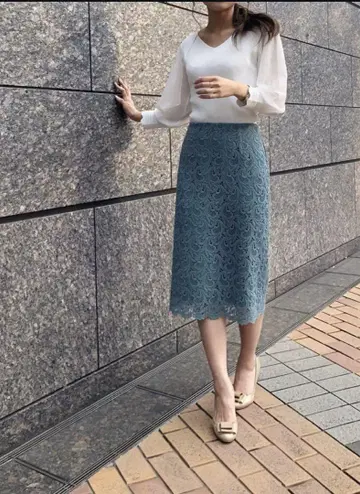 레이스 타이트 스커트 청록색 무릎 기장