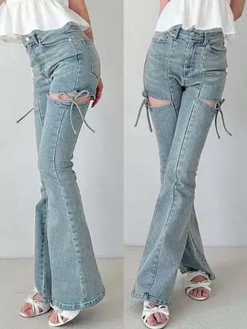 RESEXXY 청바지 컷 아웃 리본 데님 팬츠