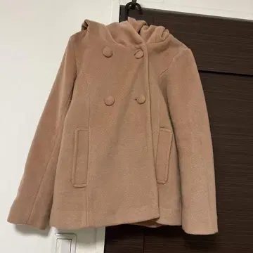 베이지 후드 부착 더블 브레스트 코트