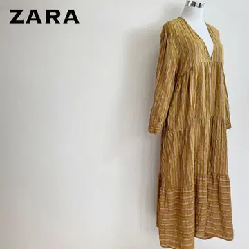 ZARA 자라 티어드 스트라이프 V 넥 원피스 머스타드 브라운 계열