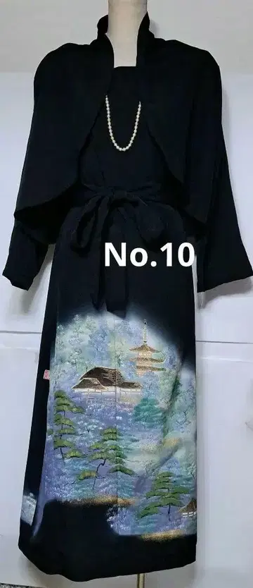 블랙 전통 예복 기모노 리메이크 볼레로 포함 롱 드레스 풍경 자수
