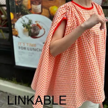 LINKABLE 케이프 블라우스 오렌지 깅엄 체크