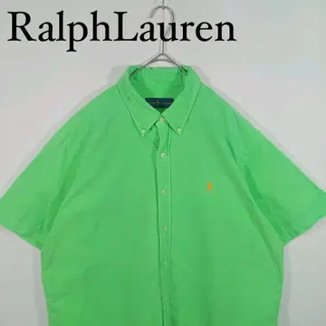 Ralph Lauren 형광 그린 반팔 버튼 다운 셔츠 네온 XL