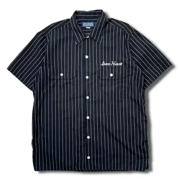 고품질 IRON HEART 스트라이프 워크 셔츠 XL 블랙 반팔