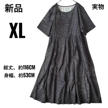 새상품 롱 원피스 XL 페이즐리 프렌치 반팔 블랙 올 패턴 플레어
