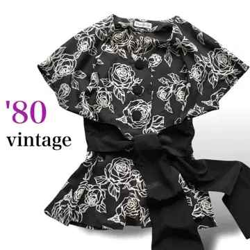 80 vintage 빈티지 허리 리본 꽃무늬 블라우스 블랙